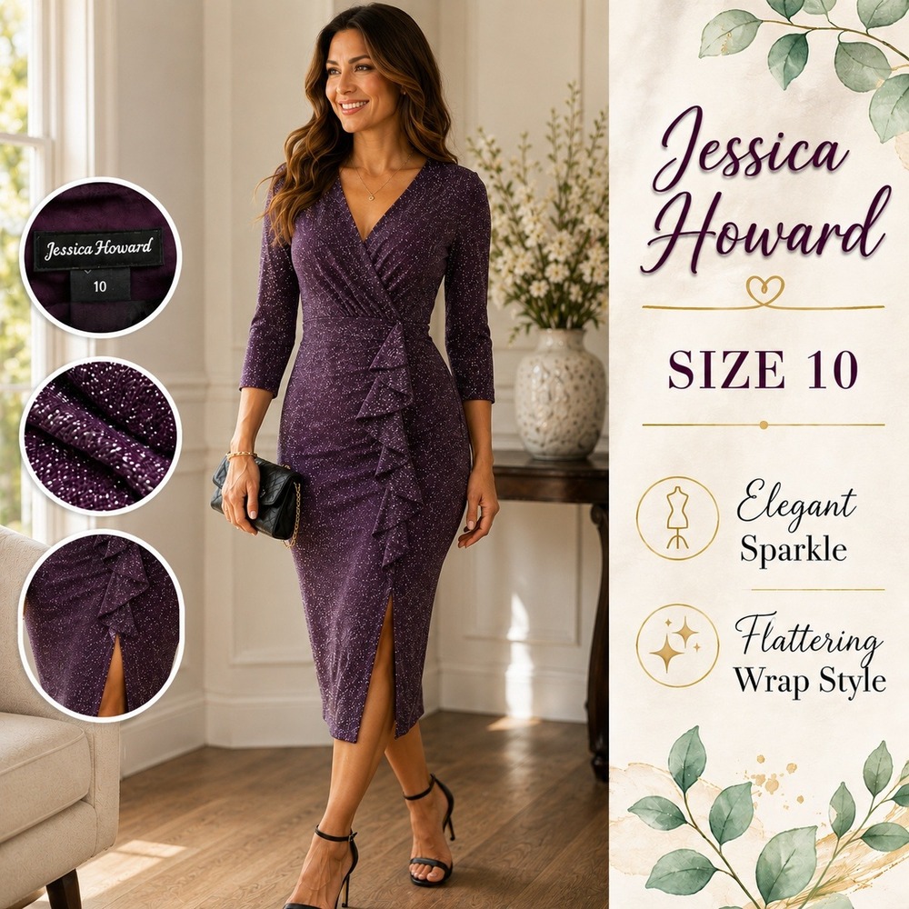 Jessica Howard Dress Womens 10 Purple Shimmer Faux Wrap Sheath Wedding Cocktail